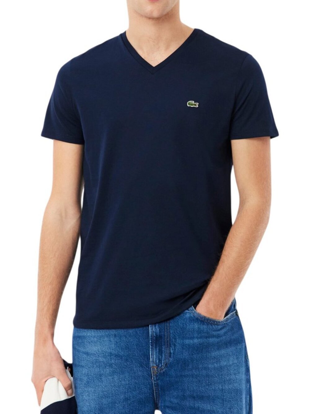 LACOSTE Navy Blue Pima Cotton V-Neck T-Shirt Regular Fit size 5 (large)